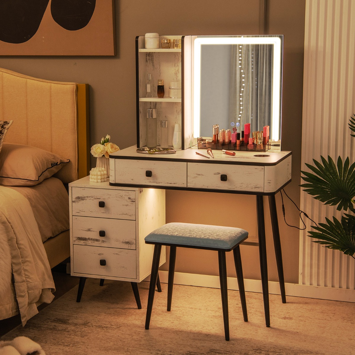 Ellegnt Multifunctional Makeup Vanity/ dressing Table with 3-in-1 Charging Station for Bedroom