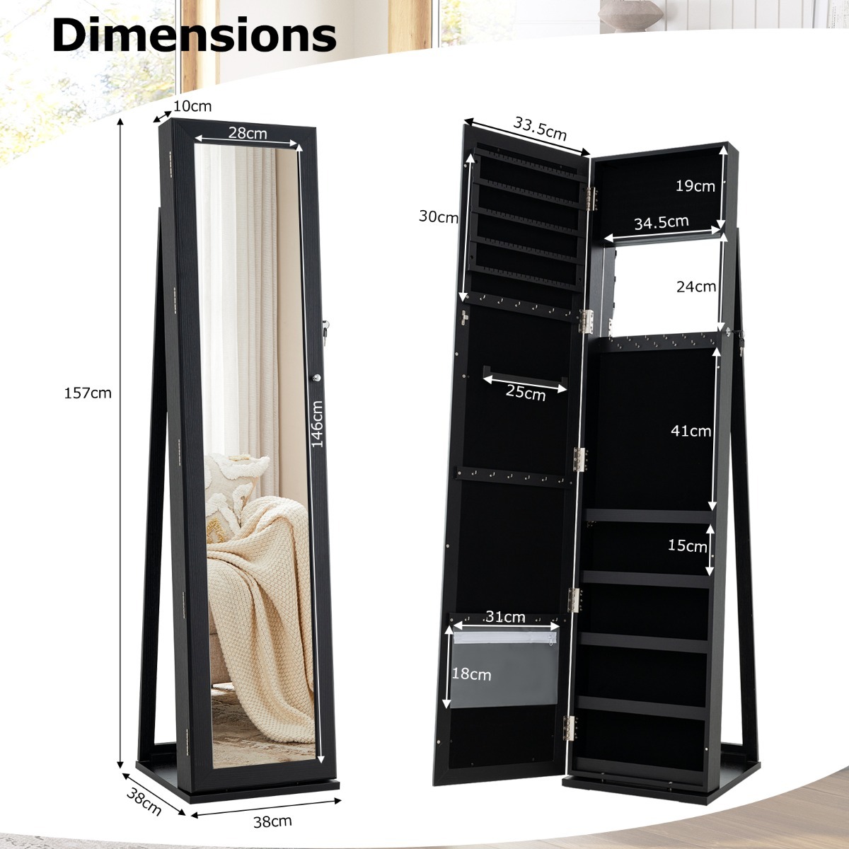 Ellegnt Free Standing Jewelry Armoire with Full Length Mirror for Bedroom