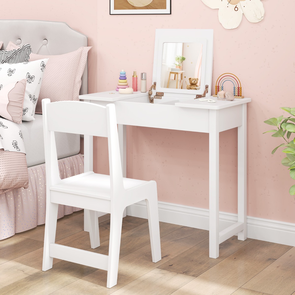 Ellegnt Kids Vanity Set with Flip Top Mirror and Anti-toppling Device