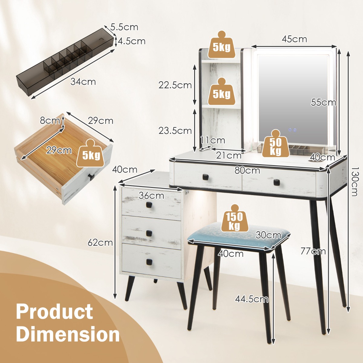 Ellegnt Multifunctional Makeup Vanity/ dressing Table with 3-in-1 Charging Station for Bedroom