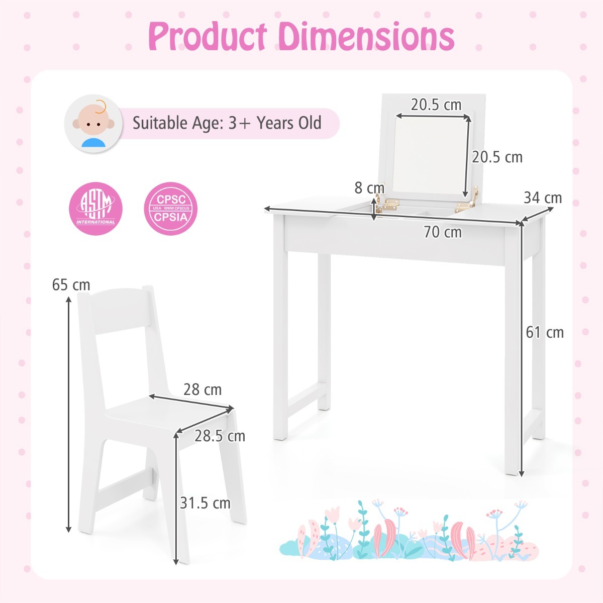 Ellegnt Kids Vanity Set with Flip Top Mirror and Anti-toppling Device