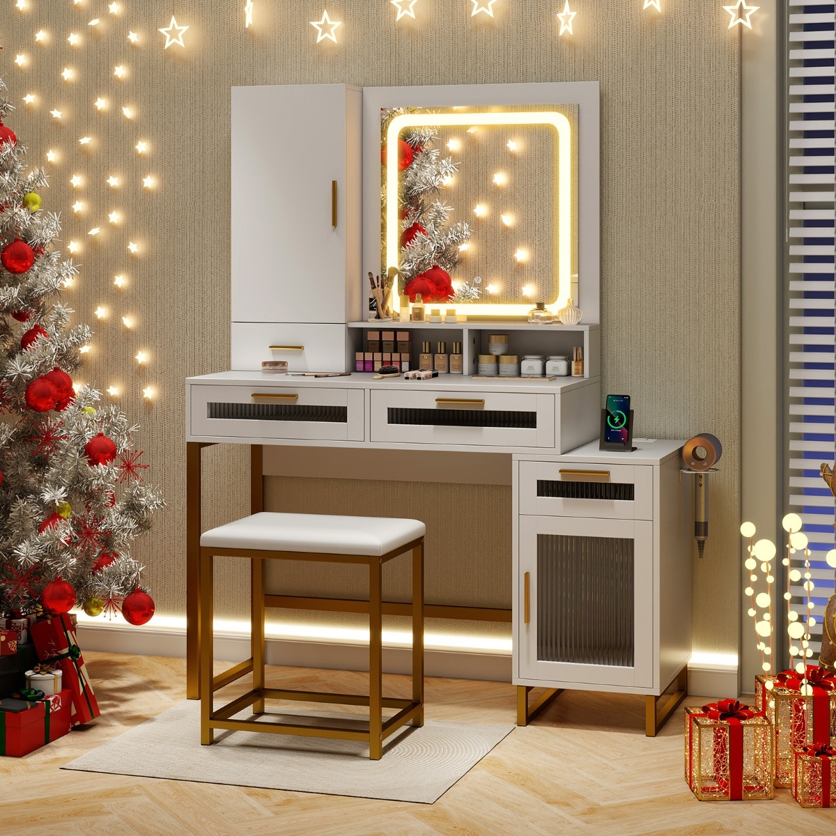 Ellegnt Makeup Vanity Desk with Lighted Mirror with Charging Station and 3-Color LED Lights