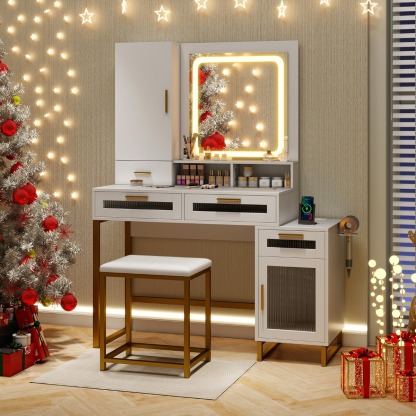 Ellegnt Makeup Vanity Desk with Lighted Mirror with Charging Station and 3-Color LED Lights