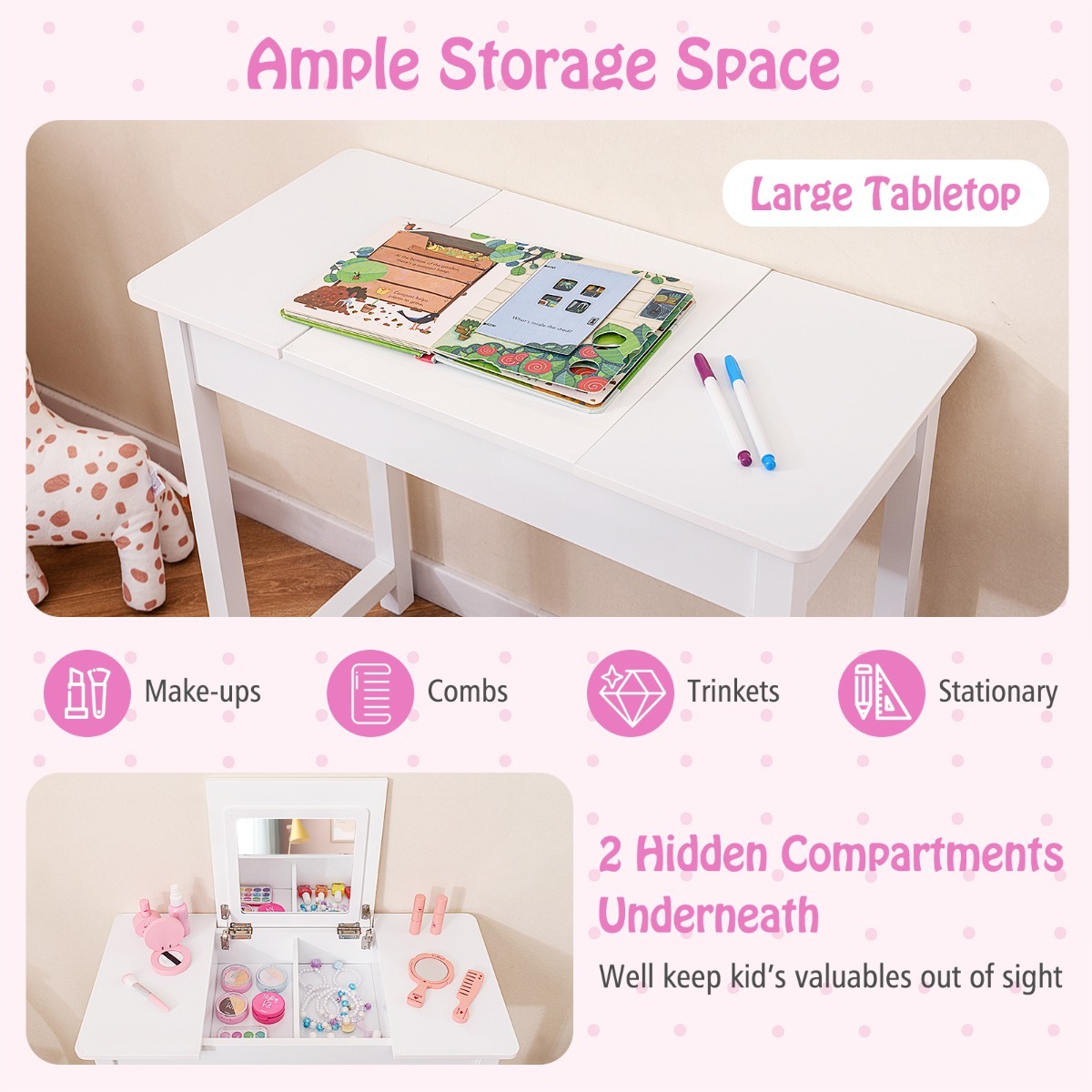 Ellegnt Kids Vanity Set with Flip Top Mirror and Anti-toppling Device