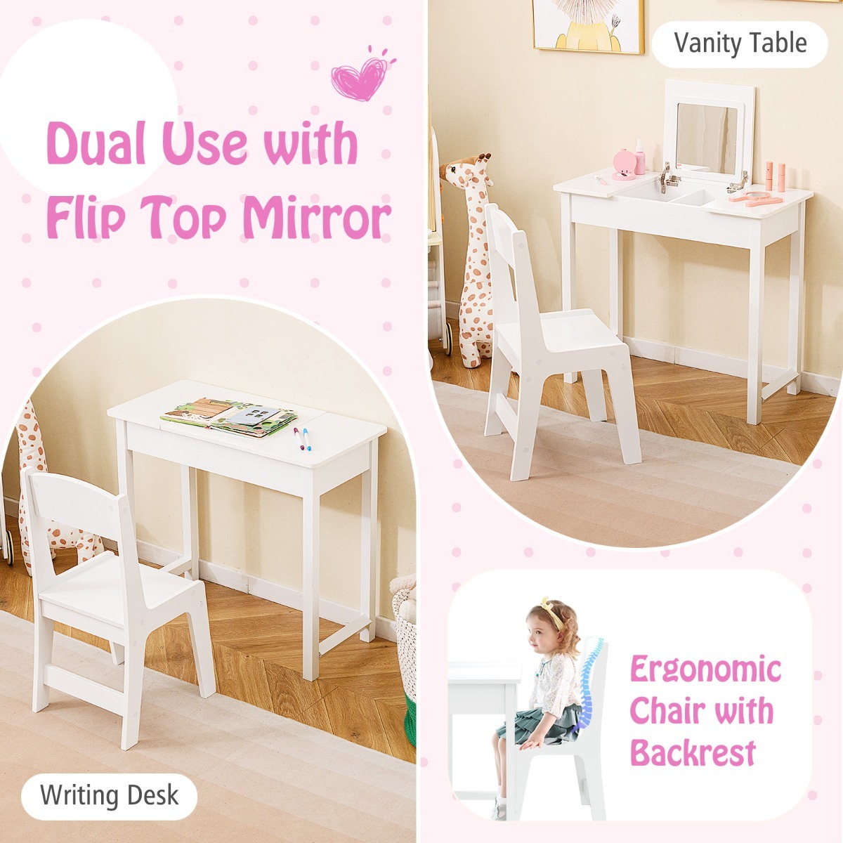 Ellegnt Kids Vanity Set with Flip Top Mirror and Anti-toppling Device