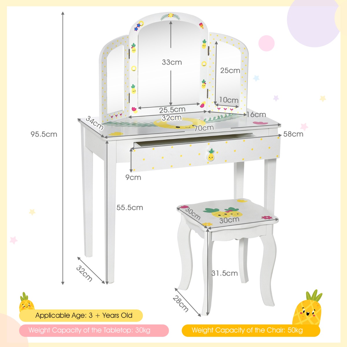 Ellegnt Kids Vanity Table and Chair Set with Tri-Folding Mirror for Kids Aged 3+ Years Old