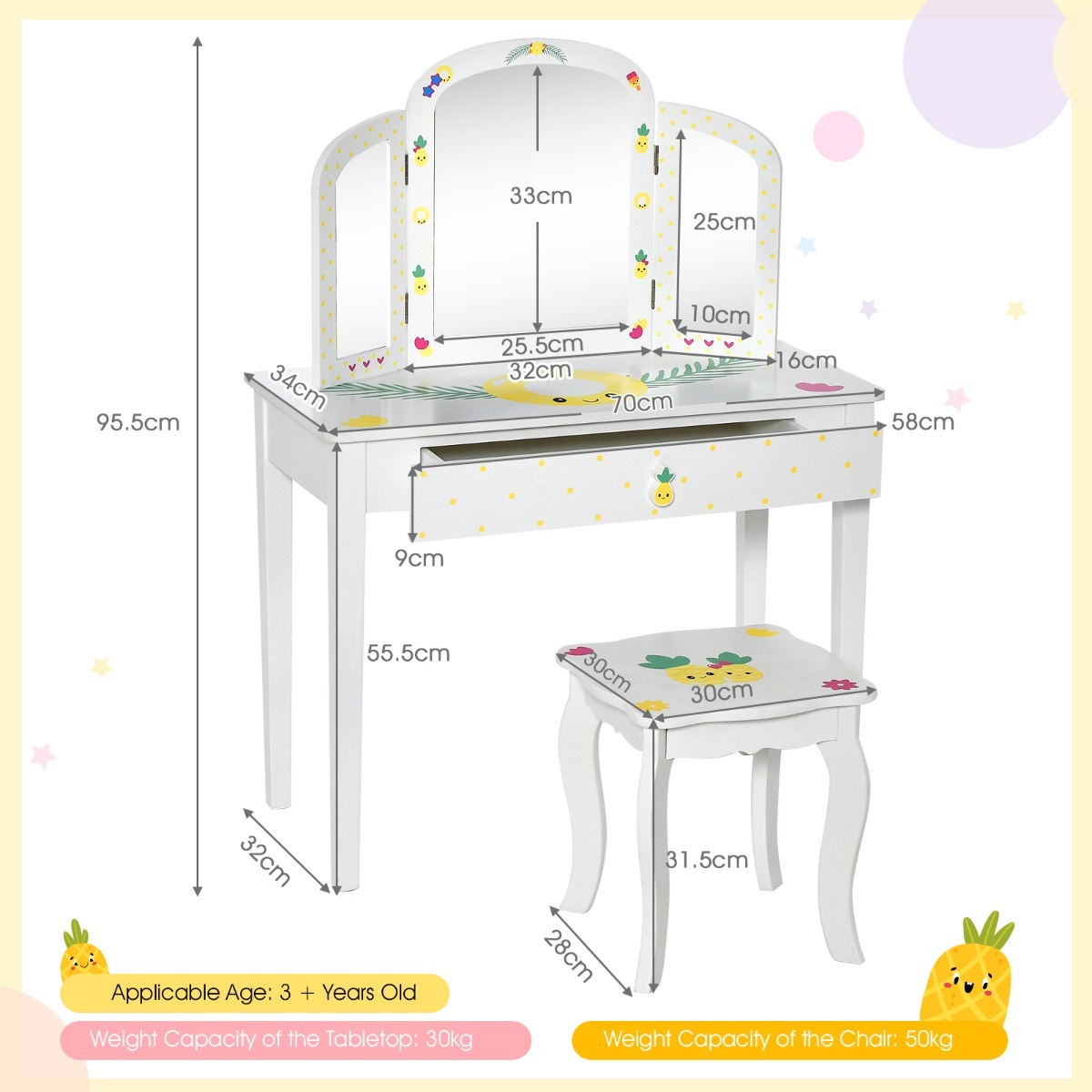Ellegnt Kids Vanity Table and Chair Set with Tri-Folding Mirror for Kids Aged 3+ Years Old
