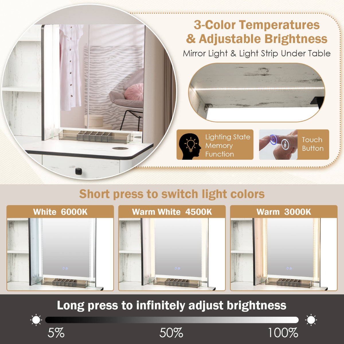 Ellegnt Multifunctional Makeup Vanity/ dressing Table with 3-in-1 Charging Station for Bedroom