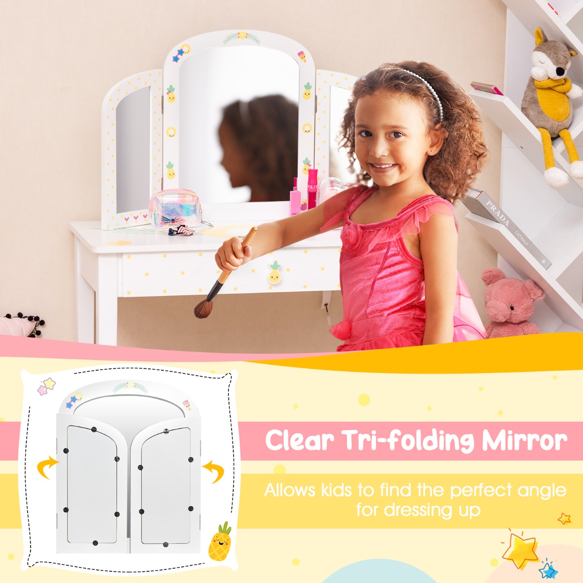 Ellegnt Kids Vanity Table and Chair Set with Tri-Folding Mirror for Kids Aged 3+ Years Old