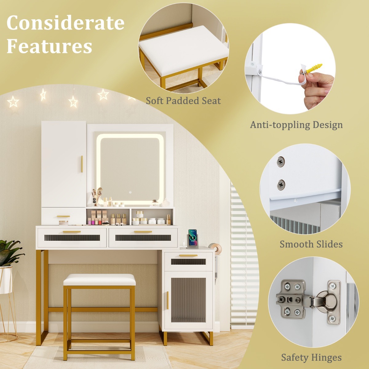 Ellegnt Makeup Vanity Desk with Lighted Mirror with Charging Station and 3-Color LED Lights