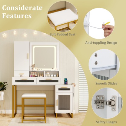 Ellegnt Makeup Vanity Desk with Lighted Mirror with Charging Station and 3-Color LED Lights