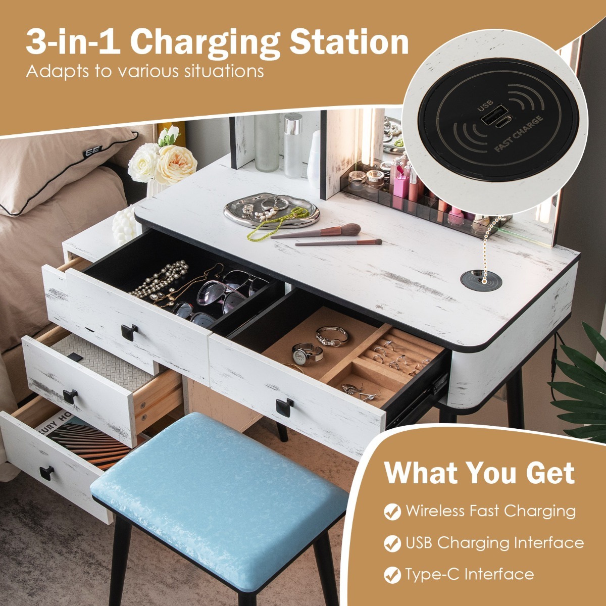 Ellegnt Multifunctional Makeup Vanity/ dressing Table with 3-in-1 Charging Station for Bedroom