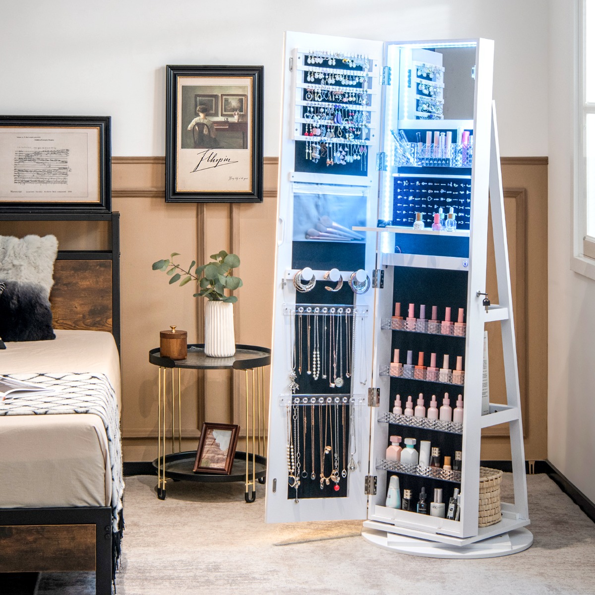 Ellegnt 360° Swivel Jewelry Cabinet with LED Lights and Full Length Mirror