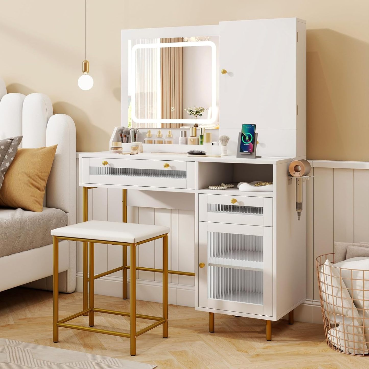 Ellegnt Modern Dressing Table and Stool Set with Mirror and Lights