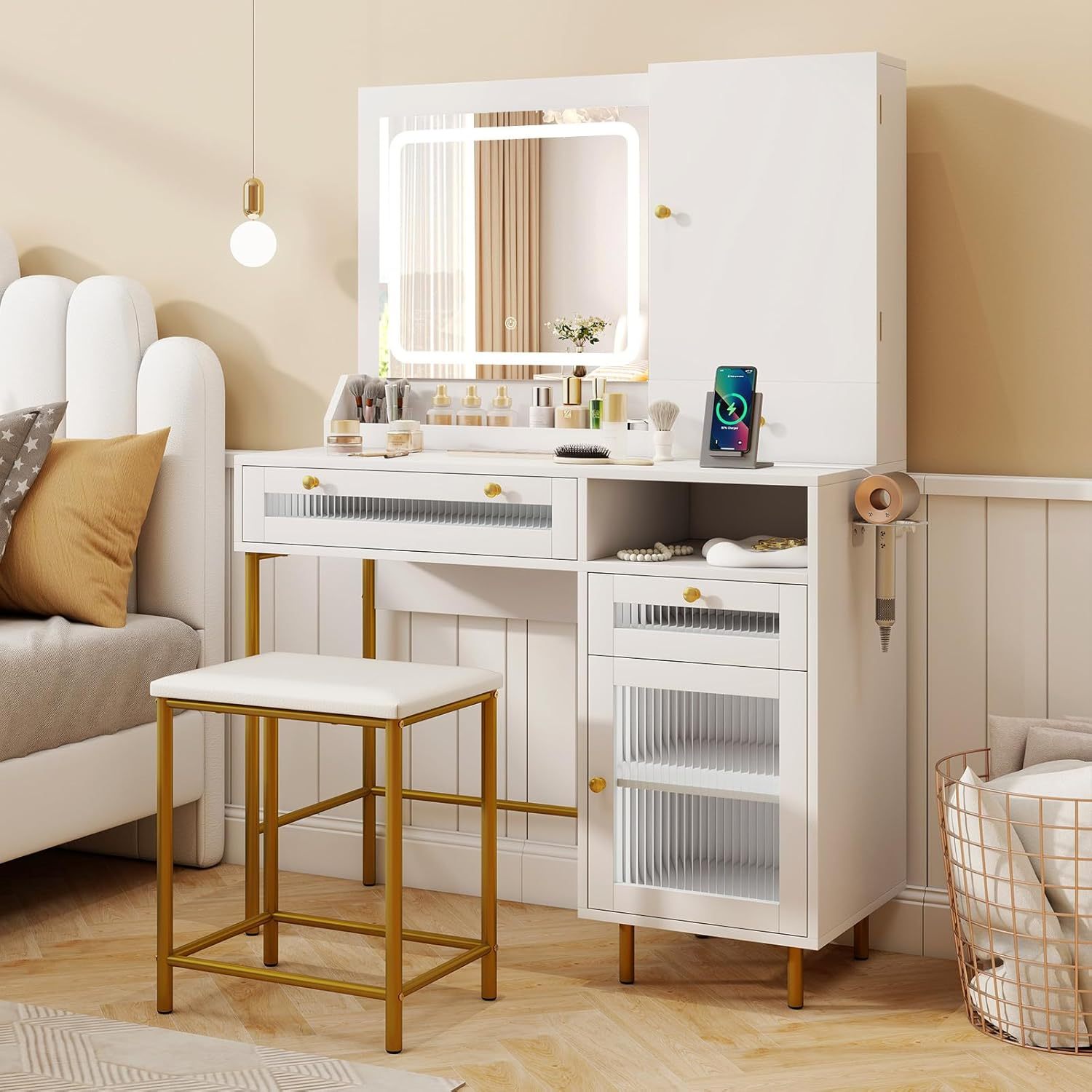 Ellegnt Modern Dressing Table and Stool Set with Mirror and Lights