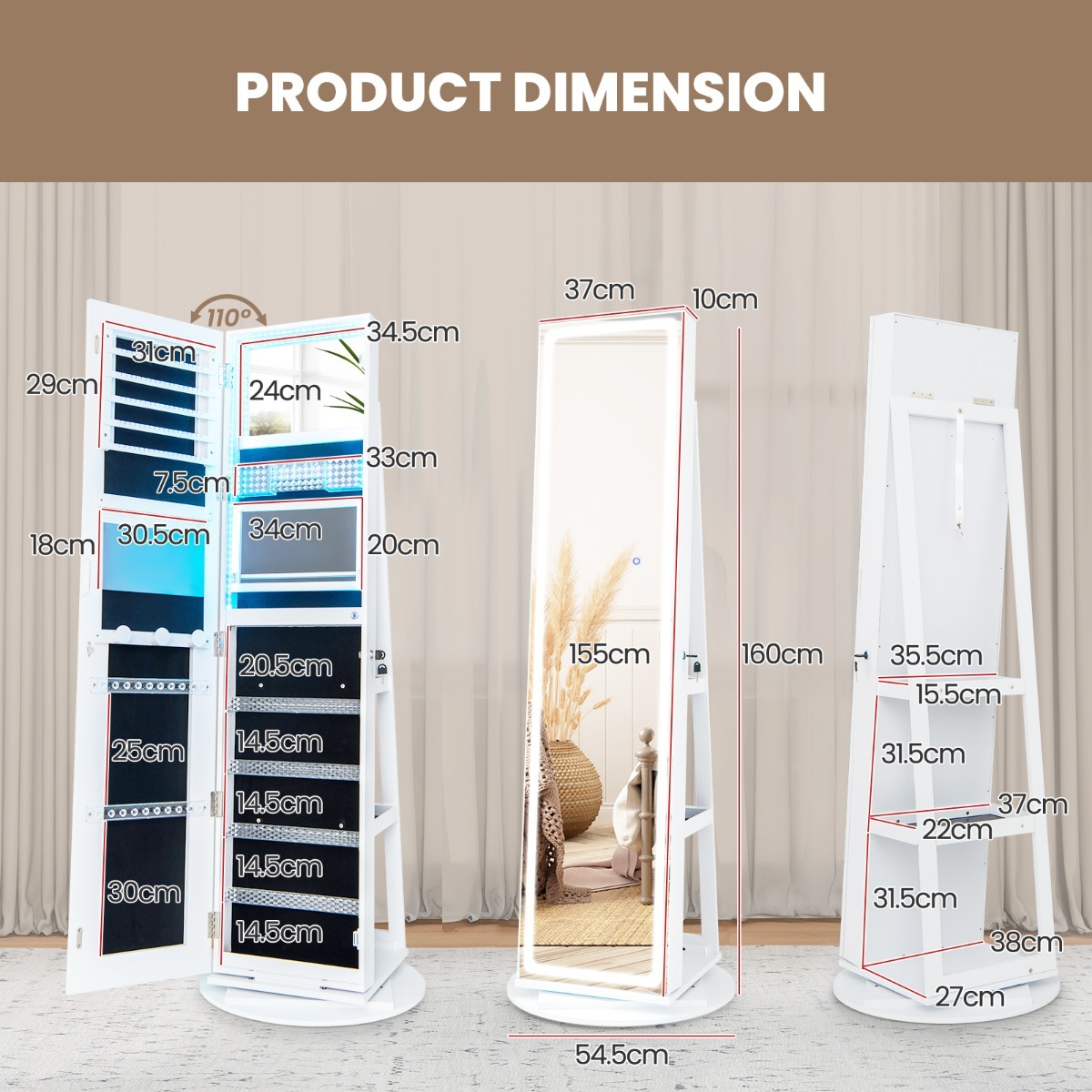 Ellegnt 360° Swivel Jewelry Cabinet with LED Lights and Full Length Mirror