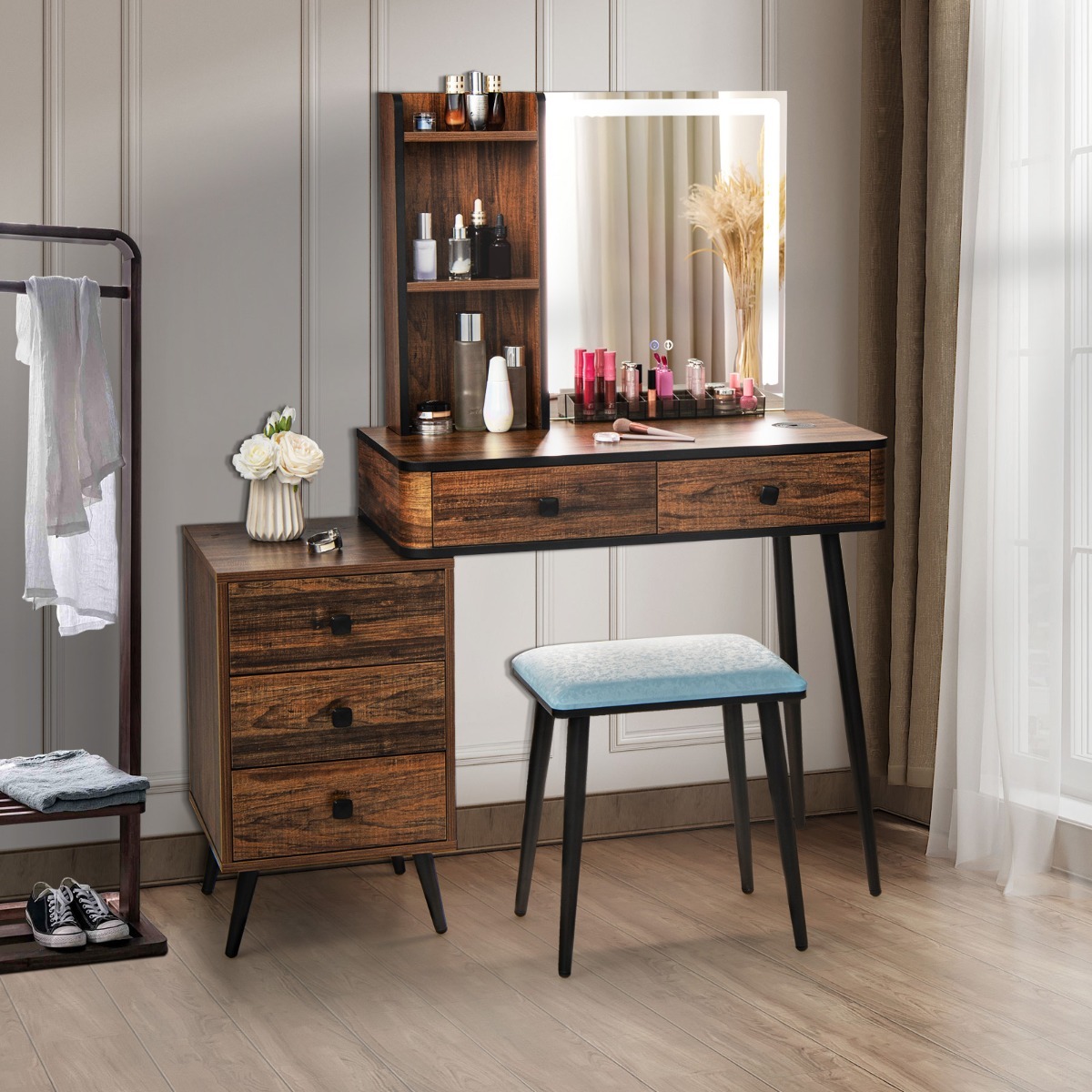 Ellegnt Multifunctional Makeup Vanity/ dressing Table with 3-in-1 Charging Station for Bedroom