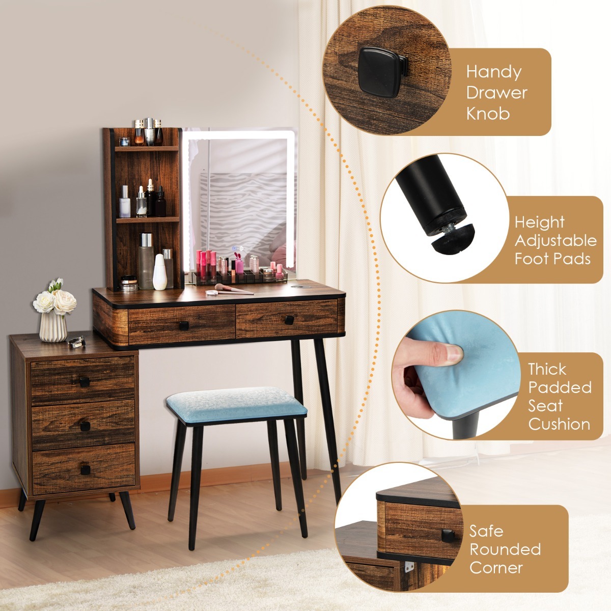 Ellegnt Multifunctional Makeup Vanity/ dressing Table with 3-in-1 Charging Station for Bedroom