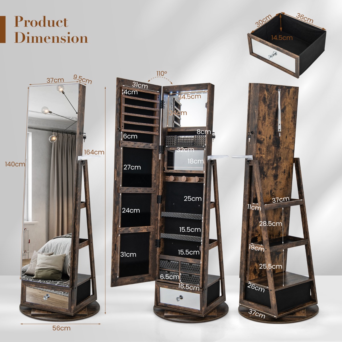 Ellegnt 360° Swivel Jewelry Cabinet with Full-Length Mirror