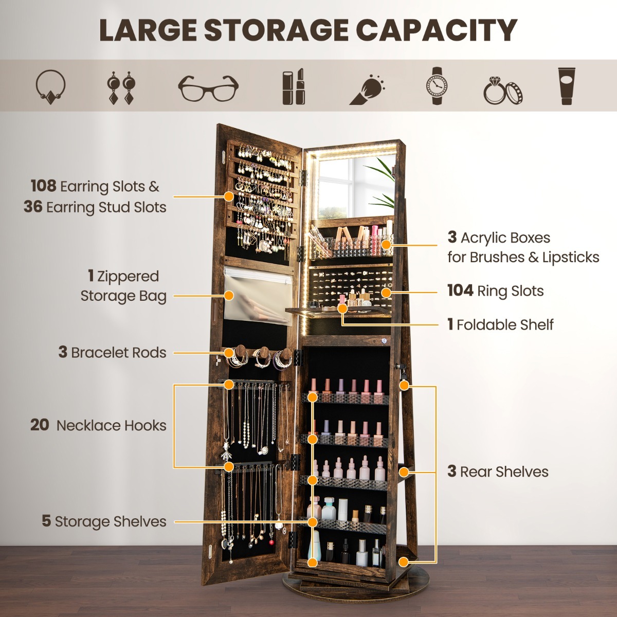 Ellegnt 360° Swivel Jewelry Cabinet with LED Lights and Full Length Mirror