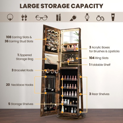 Ellegnt 360° Swivel Jewelry Cabinet with LED Lights and Full Length Mirror