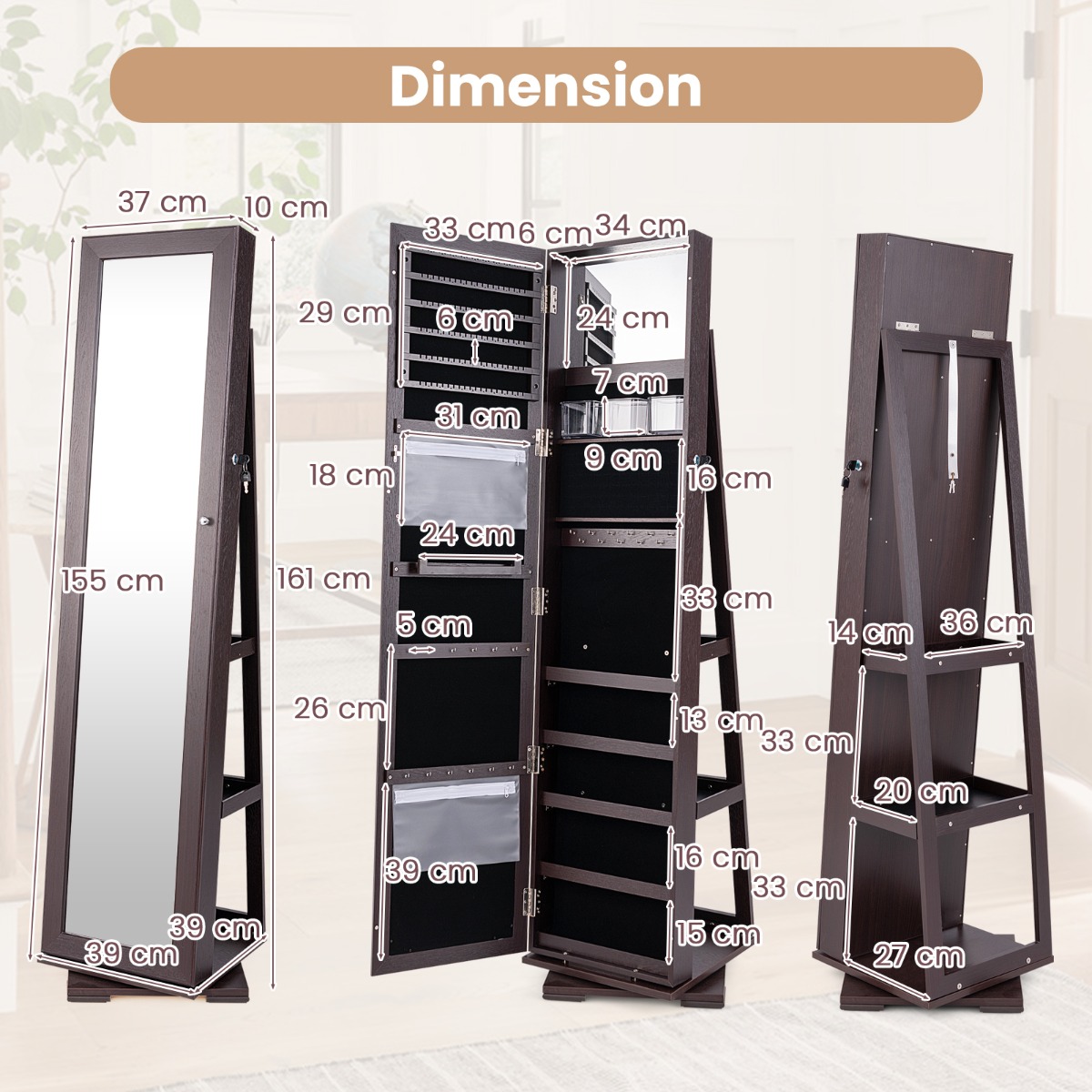 Ellegnt Full Length Mirrored Jewellery Cabinet Rotates 360° with Open Display Shelves