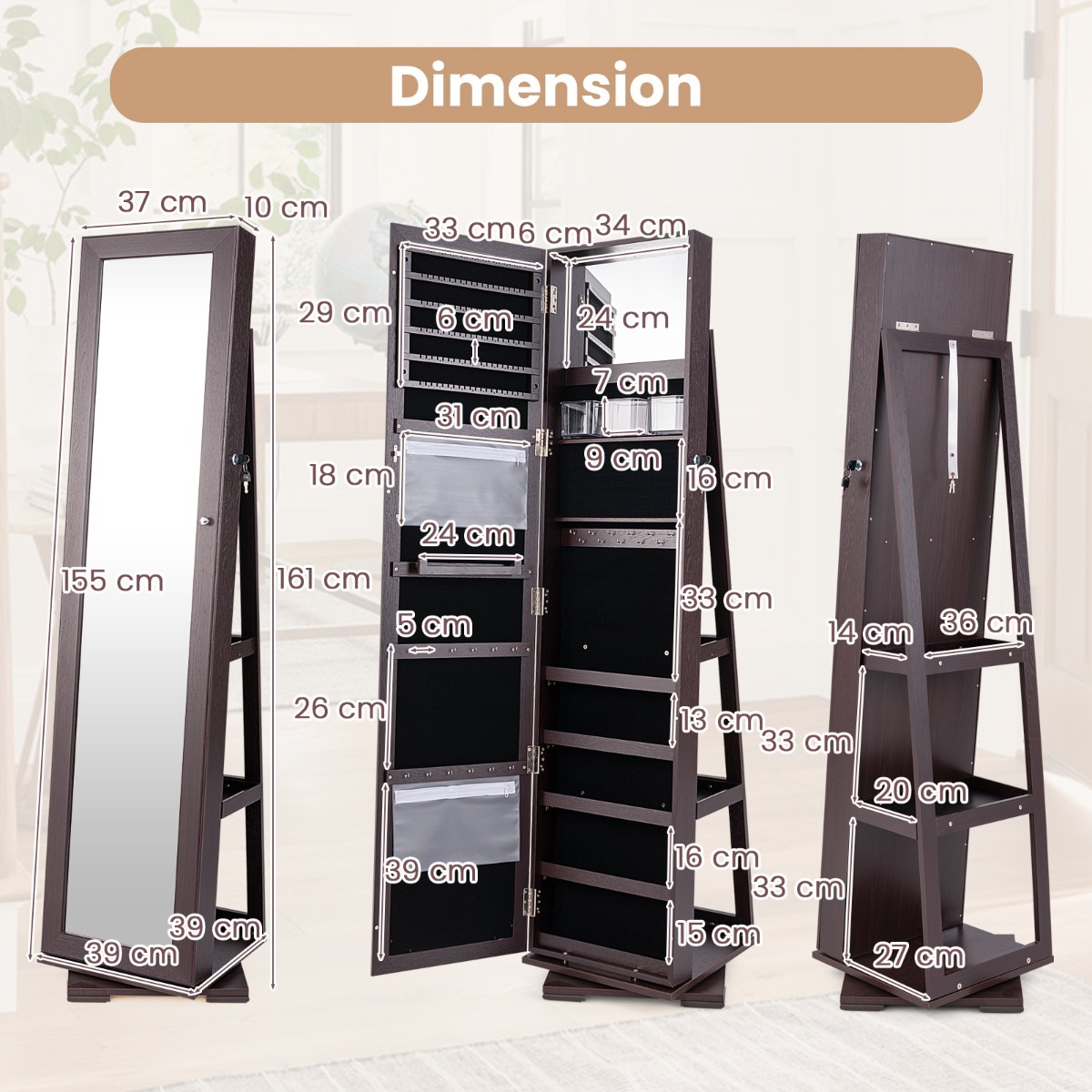 Ellegnt Full Length Mirrored Jewellery Cabinet Rotates 360° with Open Display Shelves