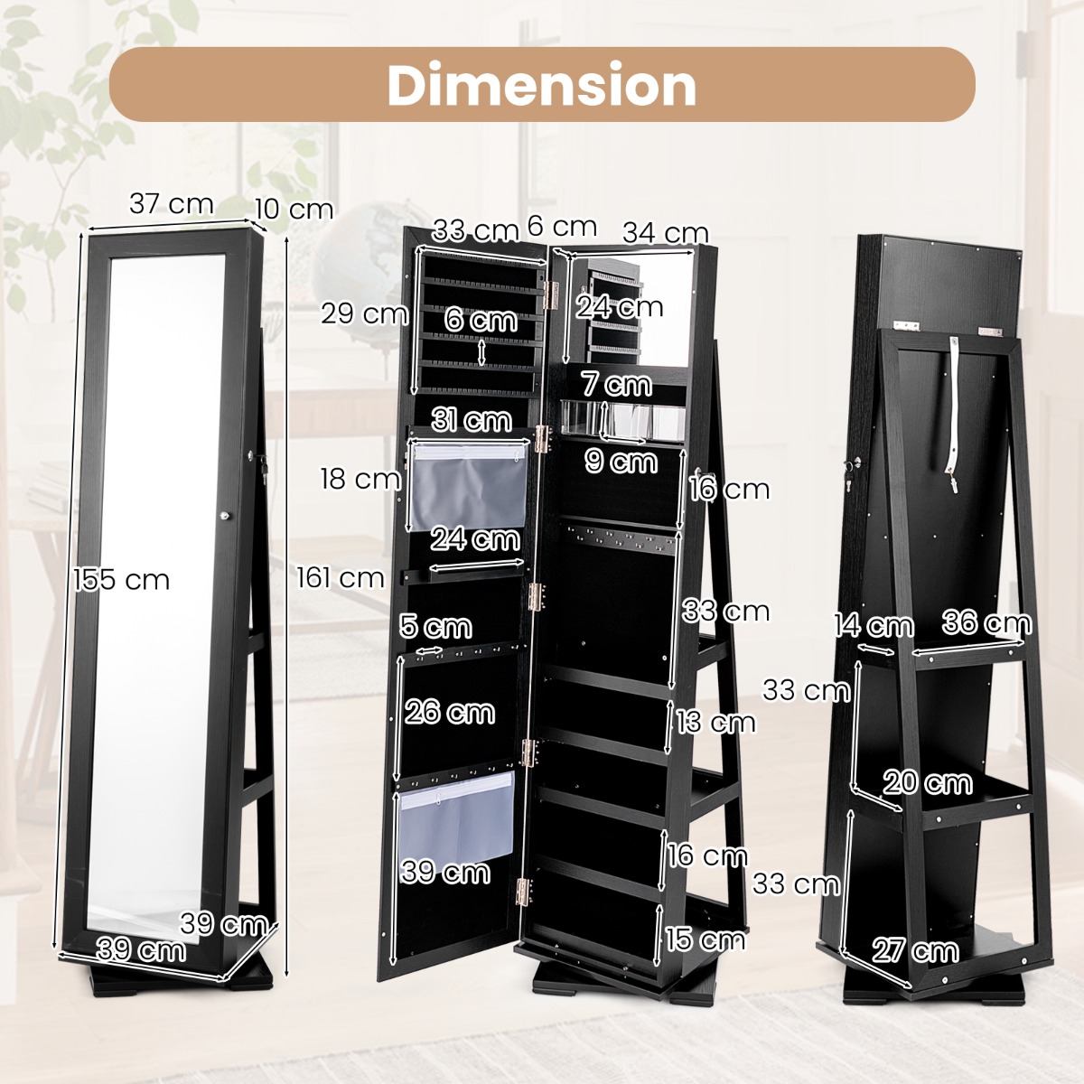 Ellegnt Full Length Mirrored Jewellery Cabinet Rotates 360° with Open Display Shelves