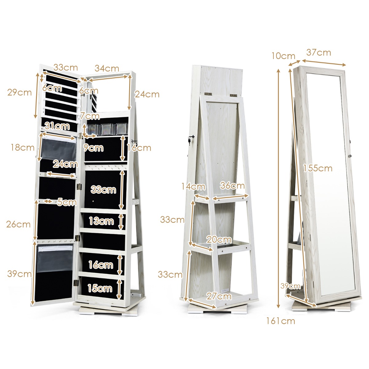 Ellegnt Full Length Mirrored Jewellery Cabinet Rotates 360° with Open Display Shelves
