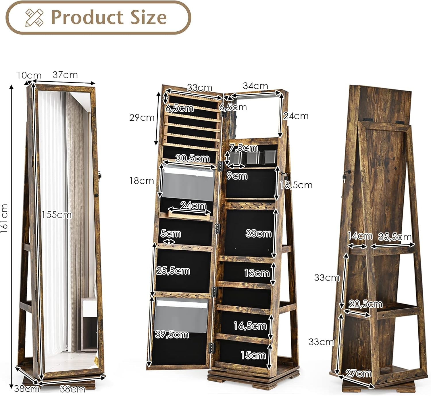 Ellegnt Full Length Mirrored Jewellery Cabinet Rotates 360° with Open Display Shelves