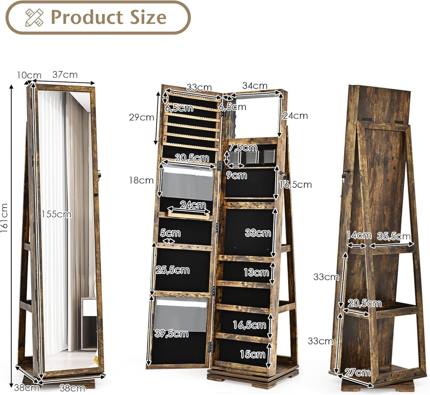 Ellegnt Full Length Mirrored Jewellery Cabinet Rotates 360° with Open Display Shelves