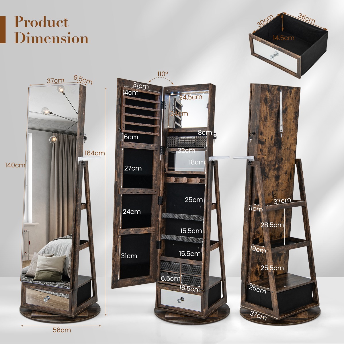 Ellegnt 360° Swivel Jewelry Cabinet with Full-Length Mirror