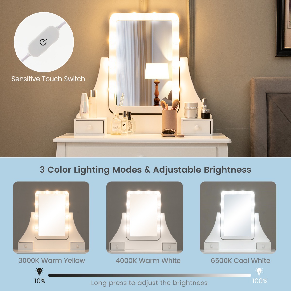 Ellegnt Vanity Dressing Set with 10 Dimmable LED Lights and Mirror