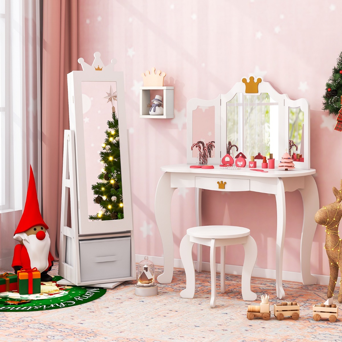 Ellegnt 3-in-1 360° Swivel Kids Jewelry Cabinet with Dressing Mirror and Storage Rack