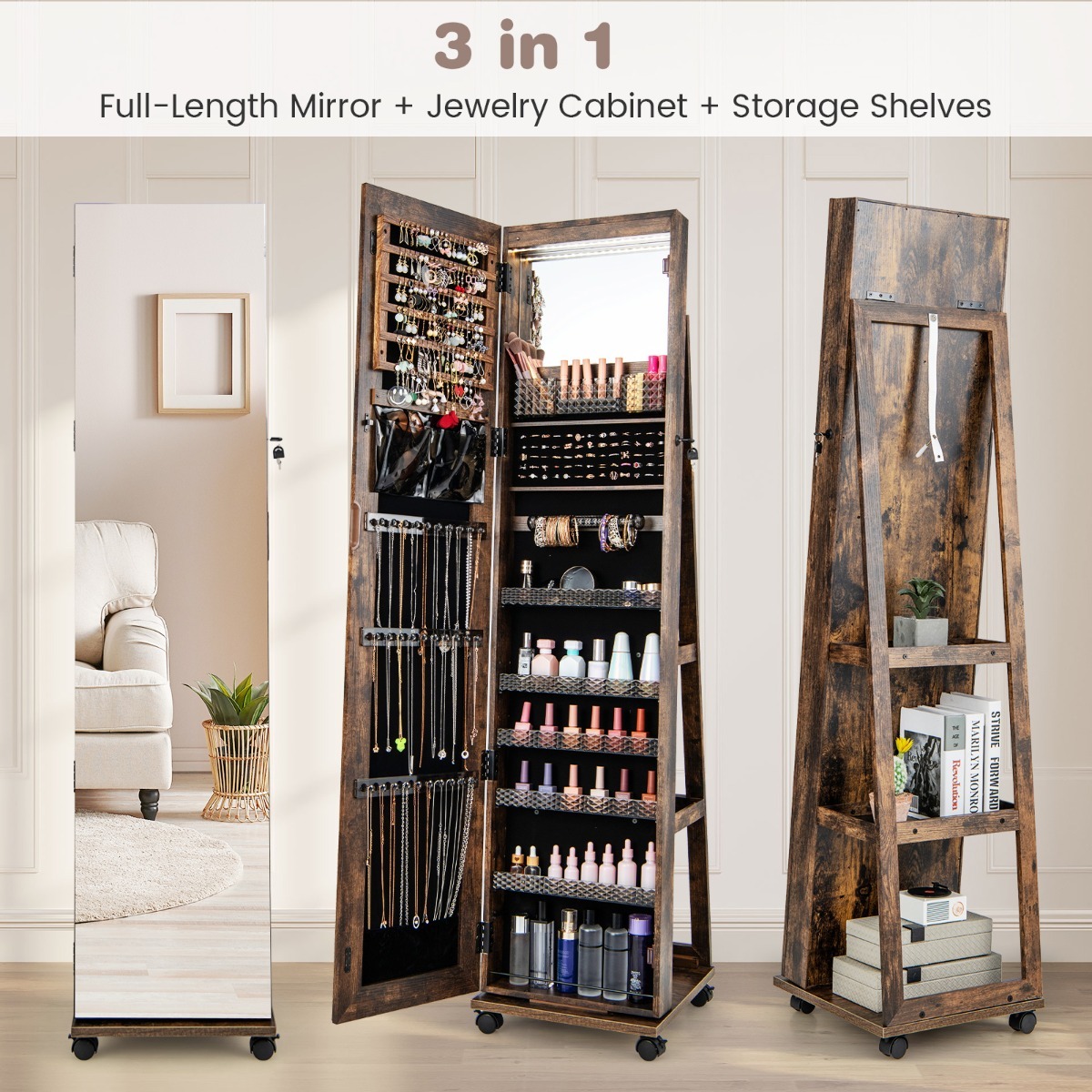 Ellegnt 163 CM Standing Jewelry Organizer with Built-in Makeup Mirror