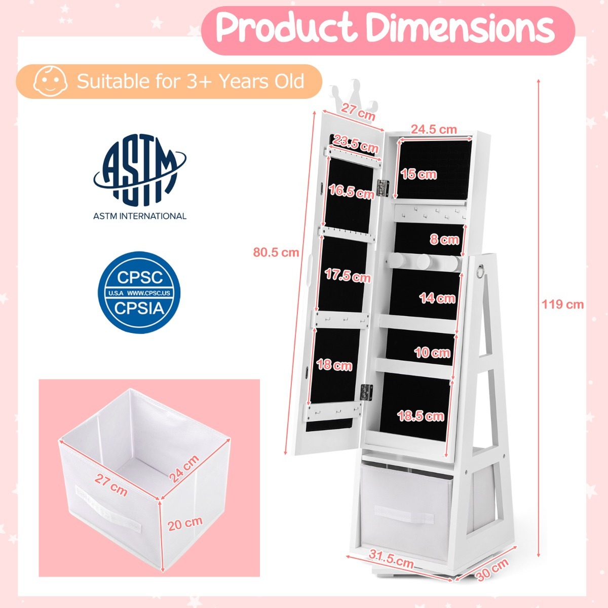 Ellegnt 3-in-1 360° Swivel Kids Jewelry Cabinet with Dressing Mirror and Storage Rack