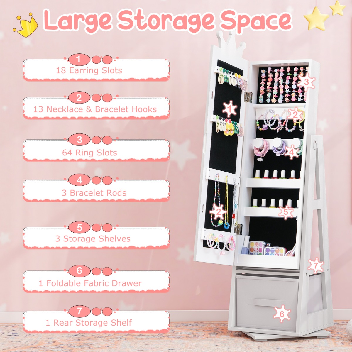 Ellegnt 3-in-1 360° Swivel Kids Jewelry Cabinet with Dressing Mirror and Storage Rack