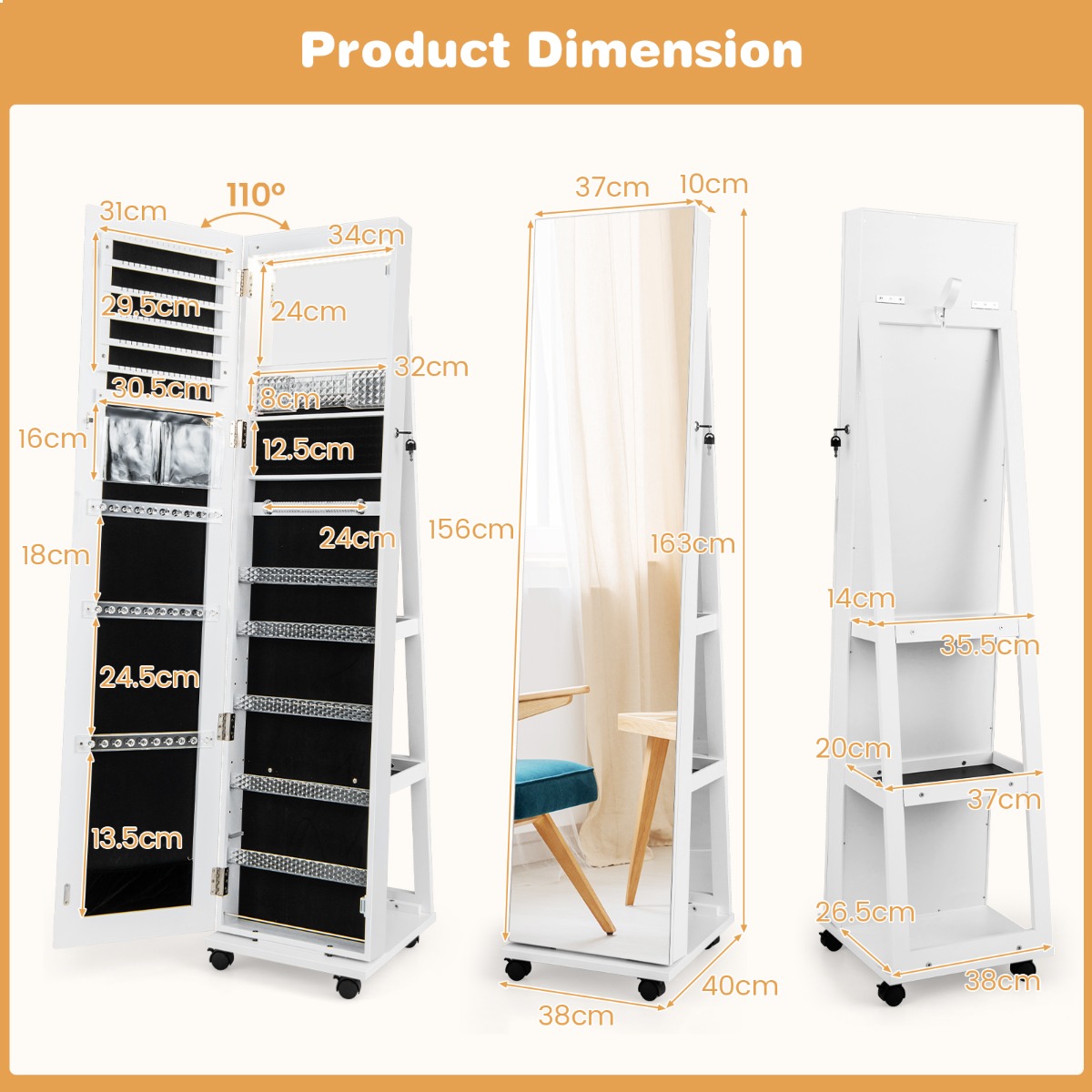 Ellegnt 163 CM Standing Jewelry Organizer with Built-in Makeup Mirror