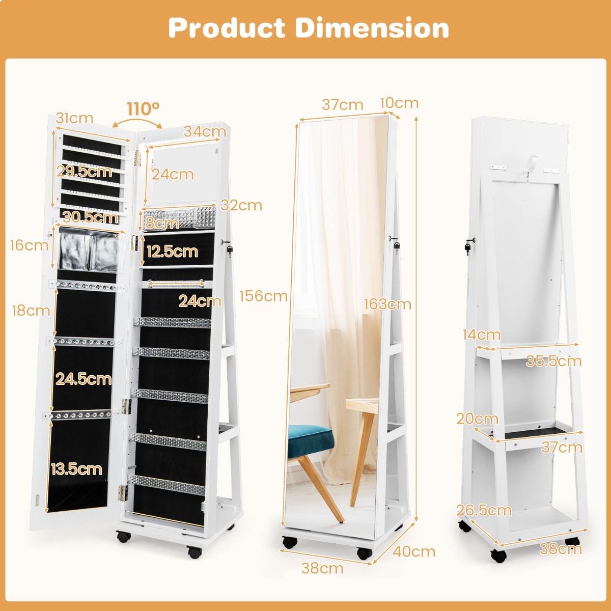 Ellegnt 163 CM Standing Jewelry Organizer with Built-in Makeup Mirror