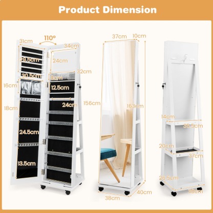 Ellegnt 163 CM Standing Jewelry Organizer with Built-in Makeup Mirror