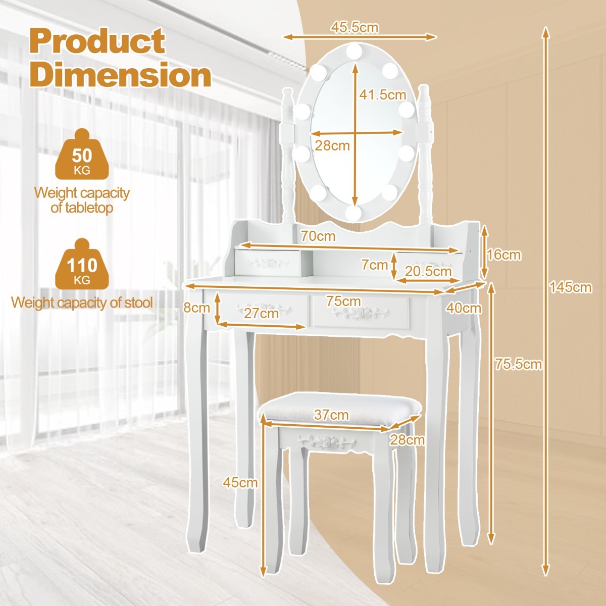 Ellegnt Dressing Table with Illuminated Mirror for Women