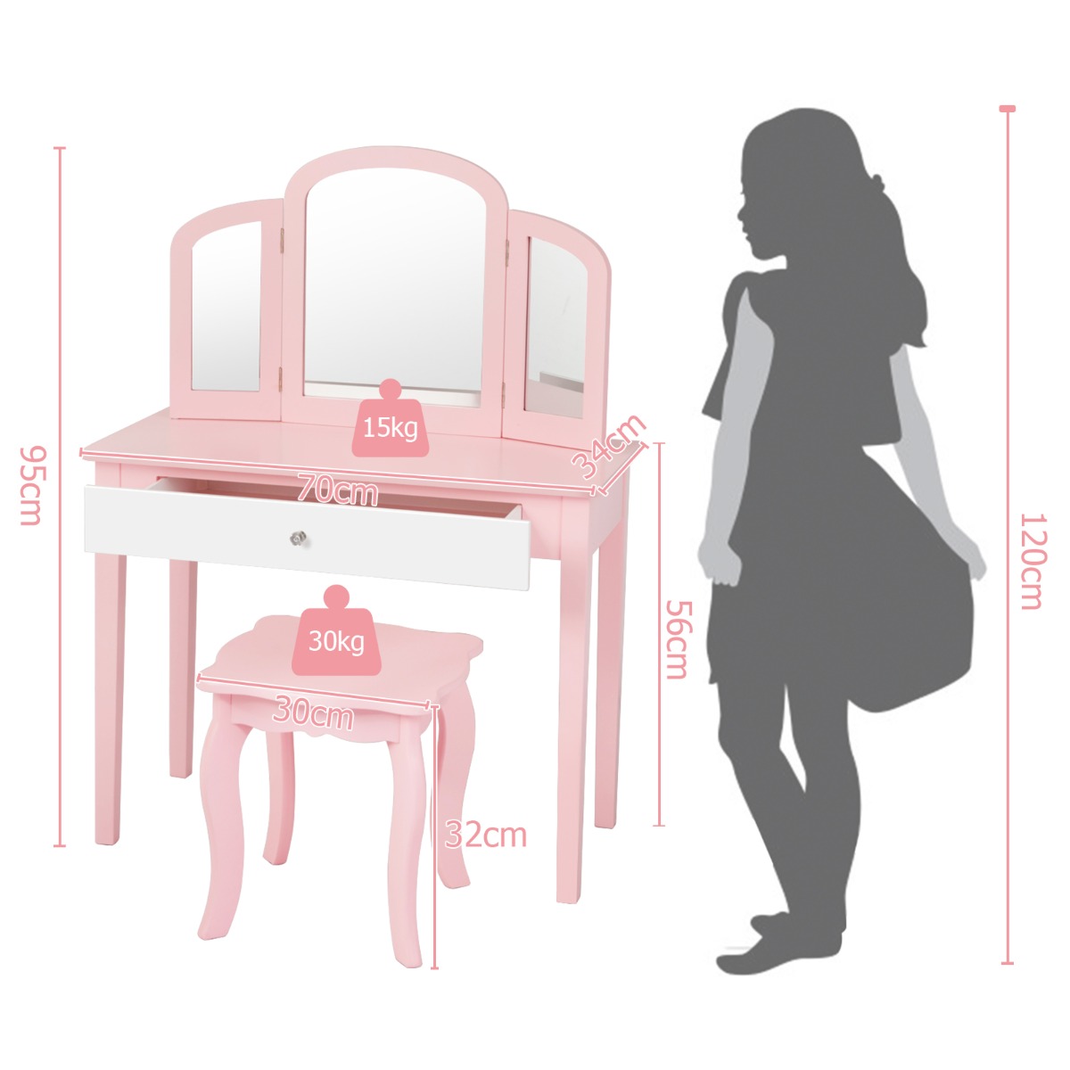 Ellegnt Kids Makeup Table Stool Set with Tri-folding Mirror for Bedroom