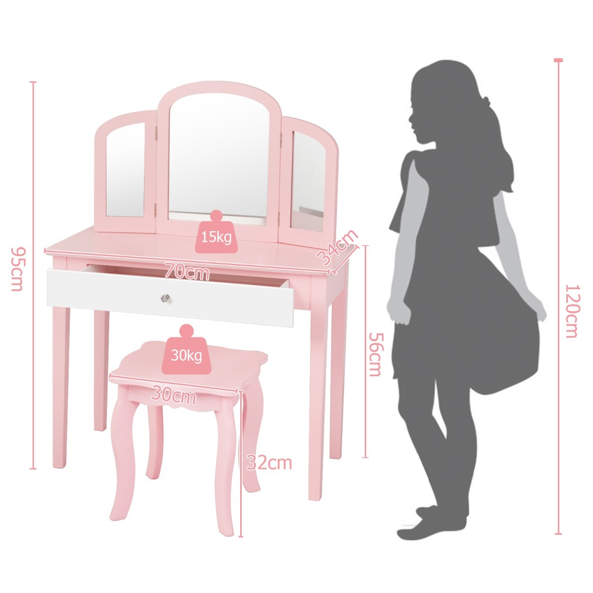 Ellegnt Kids Makeup Table Stool Set with Tri-folding Mirror for Bedroom
