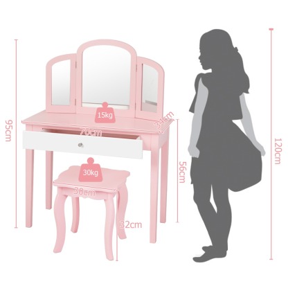 Ellegnt Kids Makeup Table Stool Set with Tri-folding Mirror for Bedroom