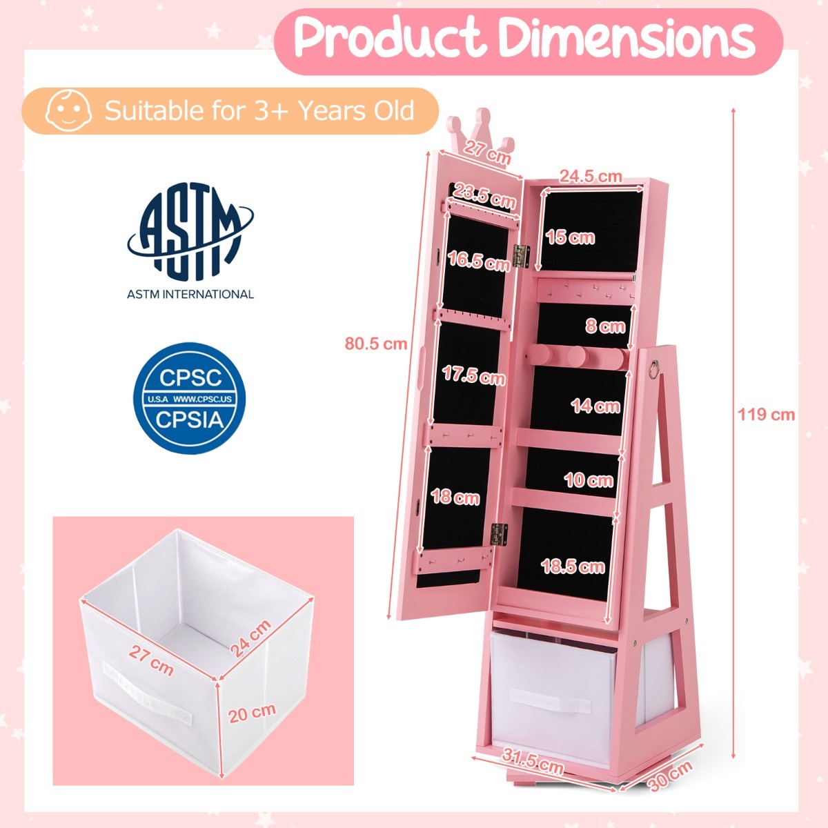 Ellegnt 3-in-1 360° Swivel Kids Jewelry Cabinet with Dressing Mirror and Storage Rack