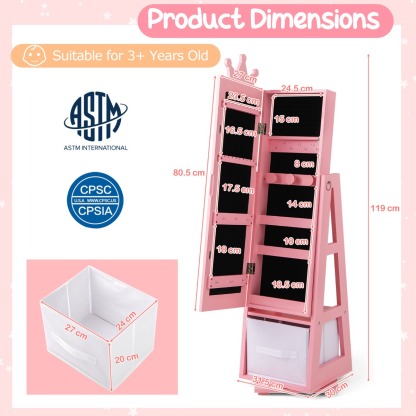 Ellegnt 3-in-1 360° Swivel Kids Jewelry Cabinet with Dressing Mirror and Storage Rack