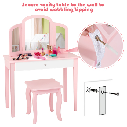 Ellegnt Kids Makeup Table Stool Set with Tri-folding Mirror for Bedroom