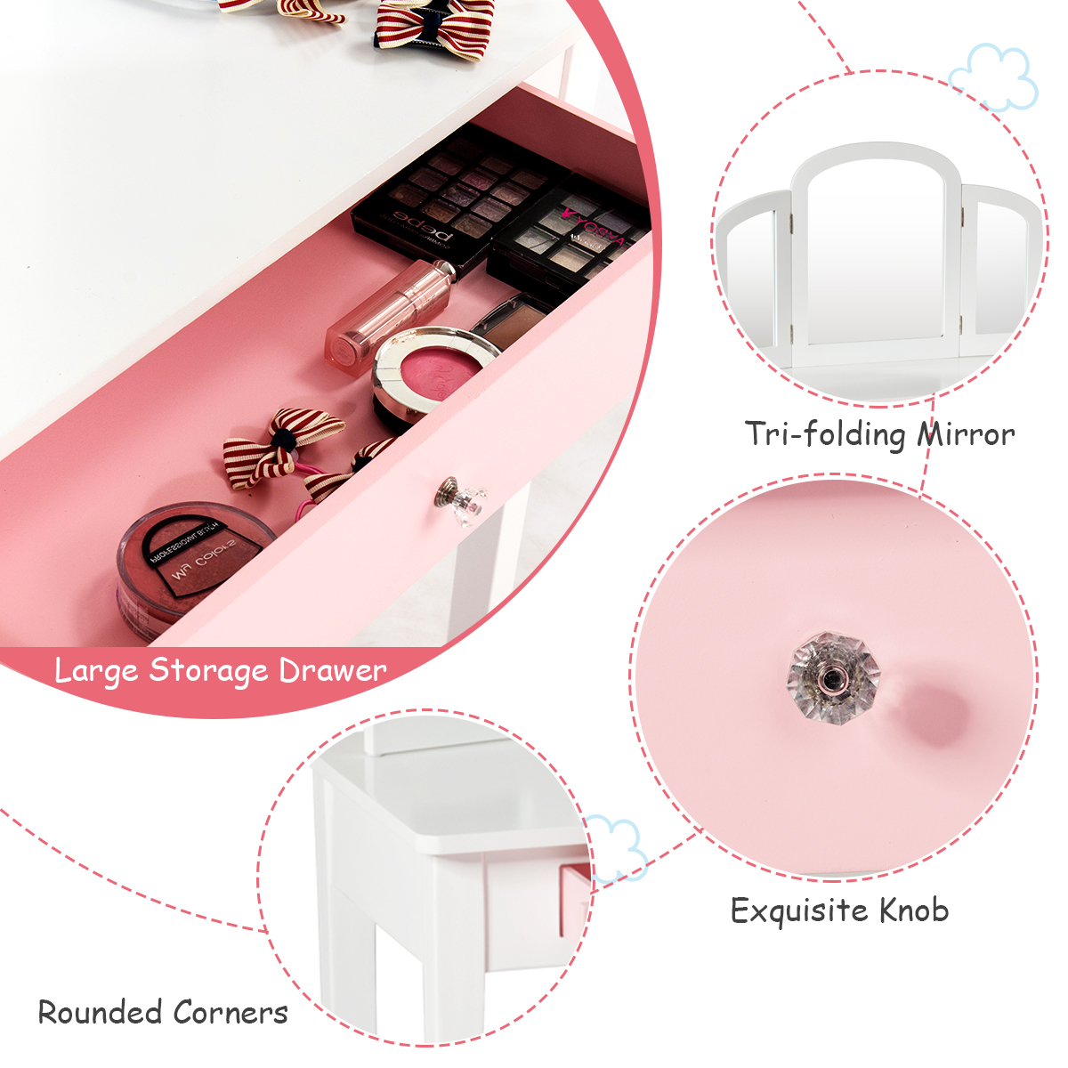 Ellegnt Kids Makeup Table Stool Set with Tri-folding Mirror for Bedroom