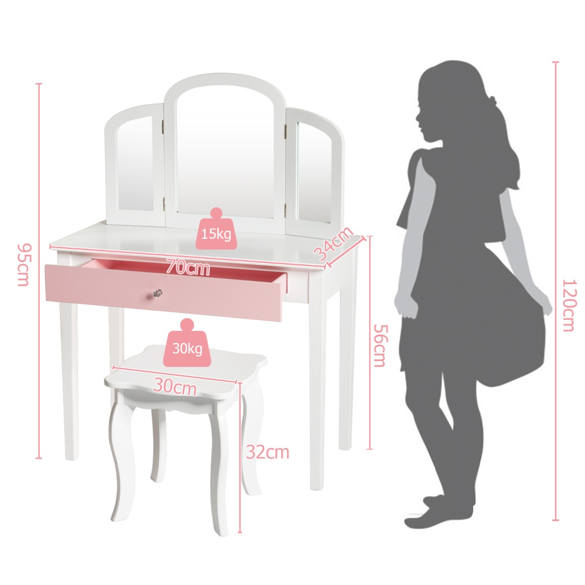 Ellegnt Kids Makeup Table Stool Set with Tri-folding Mirror for Bedroom