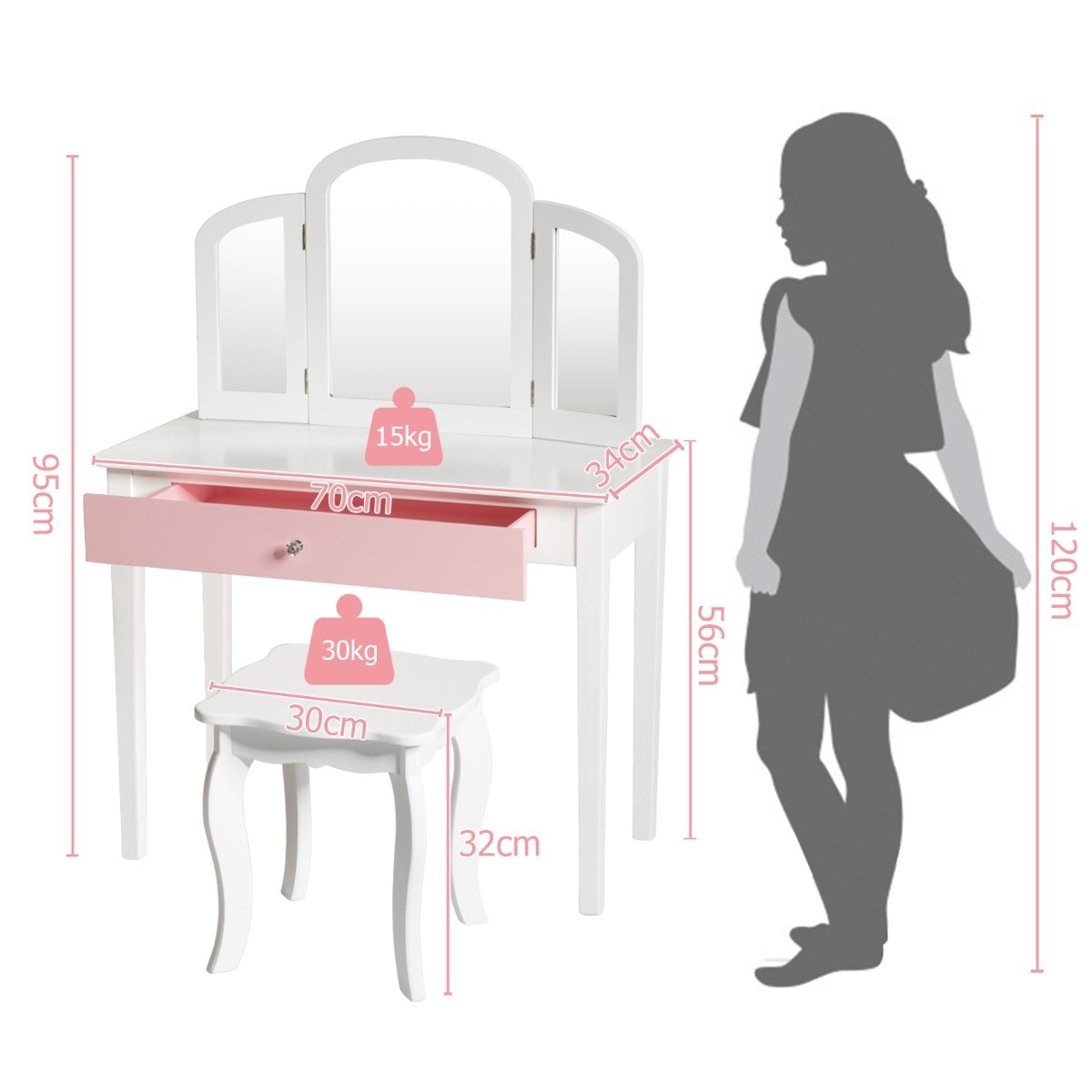 Ellegnt Kids Makeup Table Stool Set with Tri-folding Mirror for Bedroom